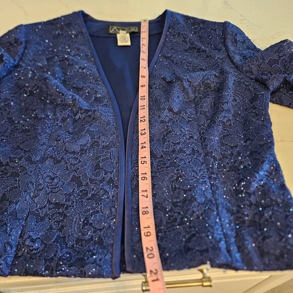 ALEX Evenings Size 12 Blazer Blue Metallic Sparkle Open Front Stretch - Picture 10 of 10